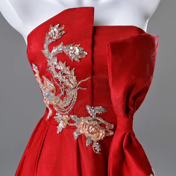 Chinese style Red Beading Sequins Prom Dresses 2025 A-Line / Princess Strapless Sleeveless Backless Floor-Length / Long Prom Formal Dresses