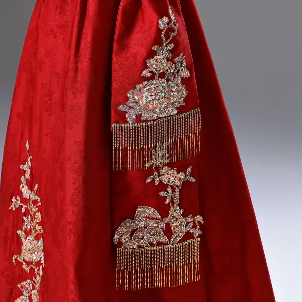 Chinese style Red Beading Sequins Prom Dresses 2025 A-Line / Princess Strapless Sleeveless Backless Floor-Length / Long Prom Formal Dresses