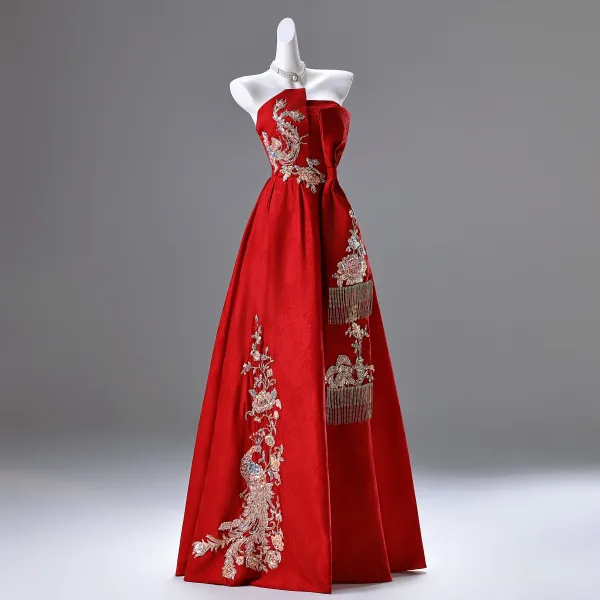Chinese style Red Beading Sequins Prom Dresses 2025 A-Line / Princess Strapless Sleeveless Backless Floor-Length / Long Prom Formal Dresses