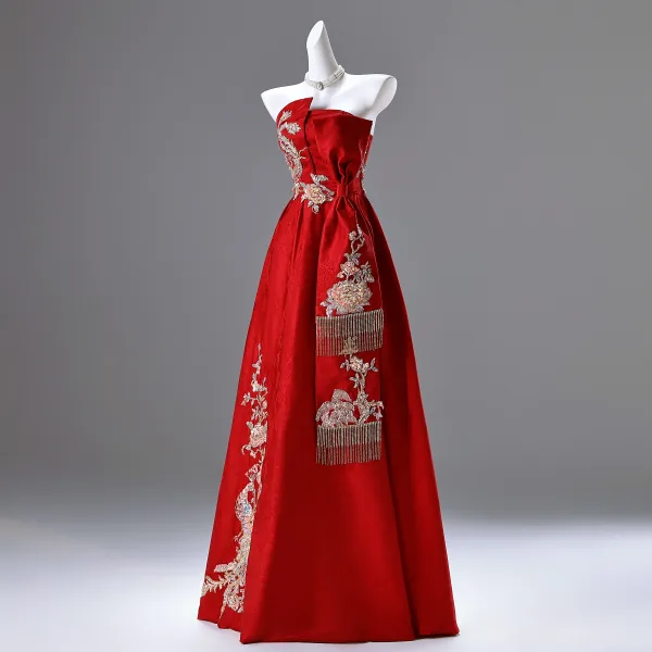 Chinese style Red Beading Sequins Prom Dresses 2025 A-Line / Princess Strapless Sleeveless Backless Floor-Length / Long Prom Formal Dresses
