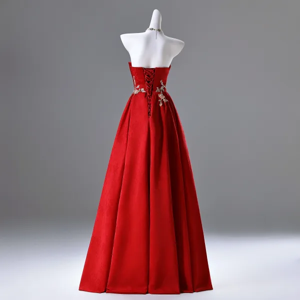 Chinese style Red Beading Sequins Prom Dresses 2025 A-Line / Princess Strapless Sleeveless Backless Floor-Length / Long Prom Formal Dresses