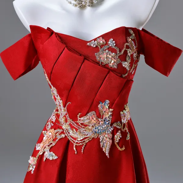 Chic / Beautiful Red Beading Sequins Embroidered Prom Dresses 2025 A-Line / Princess Off-The-Shoulder Sleeveless Backless Floor-Length / Long Prom Formal Dresses