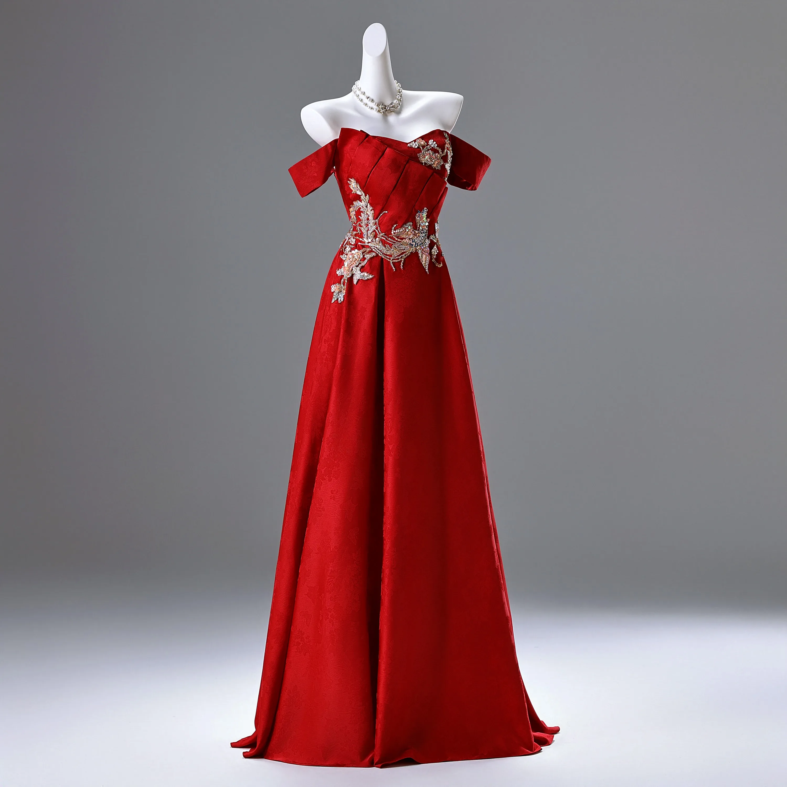 red embroidered prom dress Elegant Red V-Neck OverSkirt Lace Applique Prom Dresses main image 1