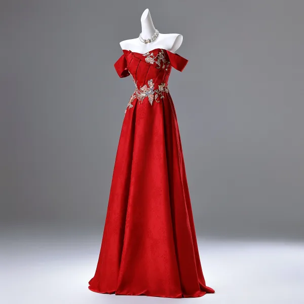 Chic / Beautiful Red Beading Sequins Embroidered Prom Dresses 2025 A-Line / Princess Off-The-Shoulder Sleeveless Backless Floor-Length / Long Prom Formal Dresses