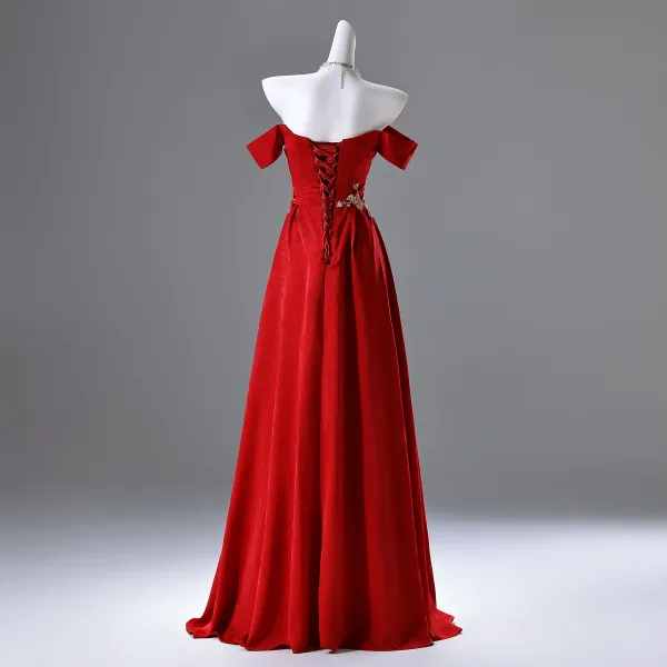 Chic / Beautiful Red Beading Sequins Embroidered Prom Dresses 2025 A-Line / Princess Off-The-Shoulder Sleeveless Backless Floor-Length / Long Prom Formal Dresses