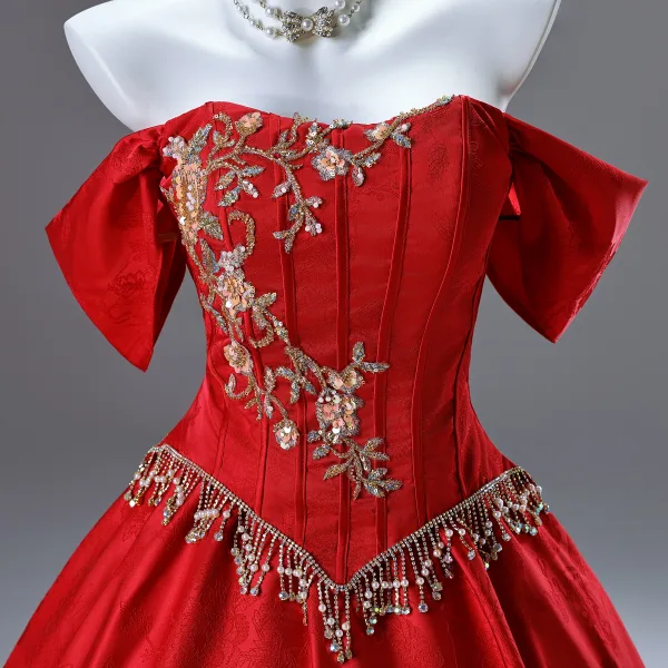 Élégant Rouge Perlage Perle Faux Diamant Paillettes Robe De Bal 2025 Robe Boule De l'épaule Sans Manches Dos Nu Longue Promo Robe De Ceremonie