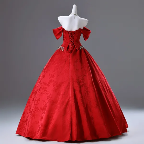 Élégant Rouge Perlage Perle Faux Diamant Paillettes Robe De Bal 2025 Robe Boule De l'épaule Sans Manches Dos Nu Longue Promo Robe De Ceremonie