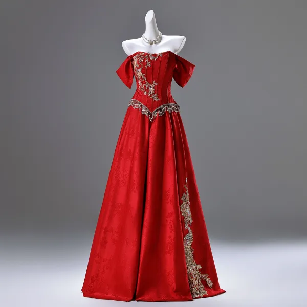 Élégant Rouge Perlage Perle Faux Diamant Paillettes Robe De Bal 2025 Robe Boule De l'épaule Sans Manches Dos Nu Longue Promo Robe De Ceremonie