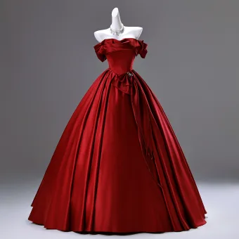 Modest Simple Burgundy Short Sleeve Backless Bow Wedding Dresses 2025 Ball Gown Off The Shoulder Floor Length Long