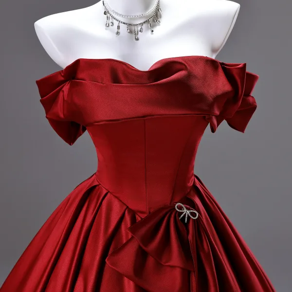 Modest / Simple Burgundy Short Sleeve Backless Bow Wedding Dresses 2025 Ball Gown Off-The-Shoulder Floor-Length / Long