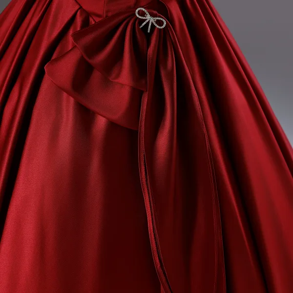 Modest / Simple Burgundy Short Sleeve Backless Bow Wedding Dresses 2025 Ball Gown Off-The-Shoulder Floor-Length / Long