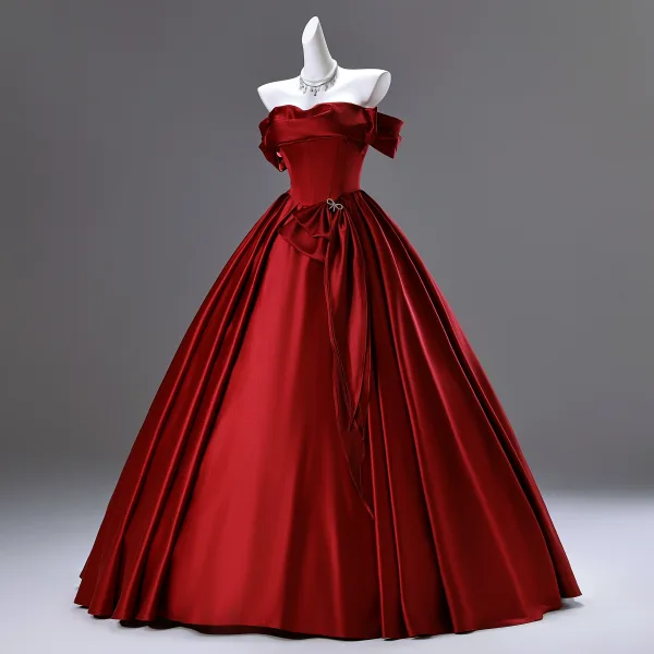Modest / Simple Burgundy Short Sleeve Backless Bow Wedding Dresses 2025 Ball Gown Off-The-Shoulder Floor-Length / Long