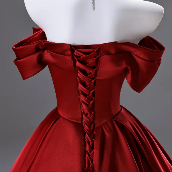 Modest / Simple Burgundy Short Sleeve Backless Bow Wedding Dresses 2025 Ball Gown Off-The-Shoulder Floor-Length / Long