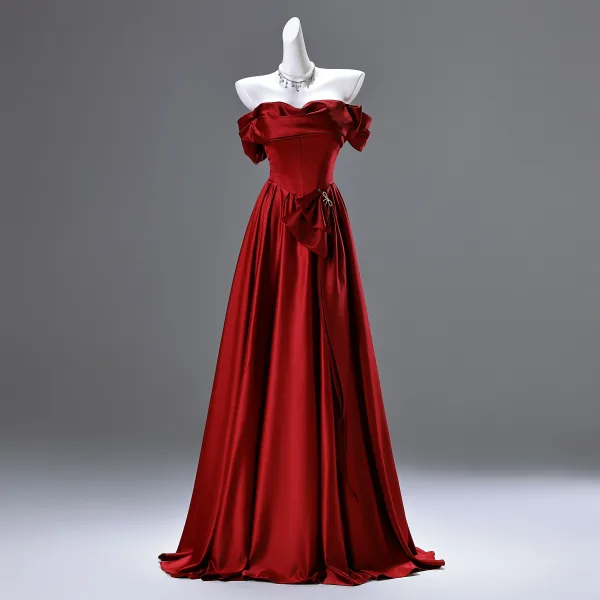Modest / Simple Burgundy Short Sleeve Backless Bow Wedding Dresses 2025 Ball Gown Off-The-Shoulder Floor-Length / Long