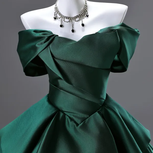 Vintage / Retro Dark Green Prom Dresses 2025 A-Line / Princess Off-The-Shoulder Sleeveless Backless Floor-Length / Long Prom Formal Dresses