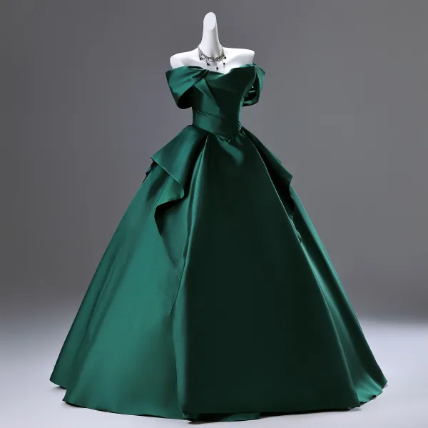Vintage / Retro Dark Green Prom Dresses 2025 A-Line / Princess Off-The-Shoulder Sleeveless Backless Floor-Length / Long Prom Formal Dresses