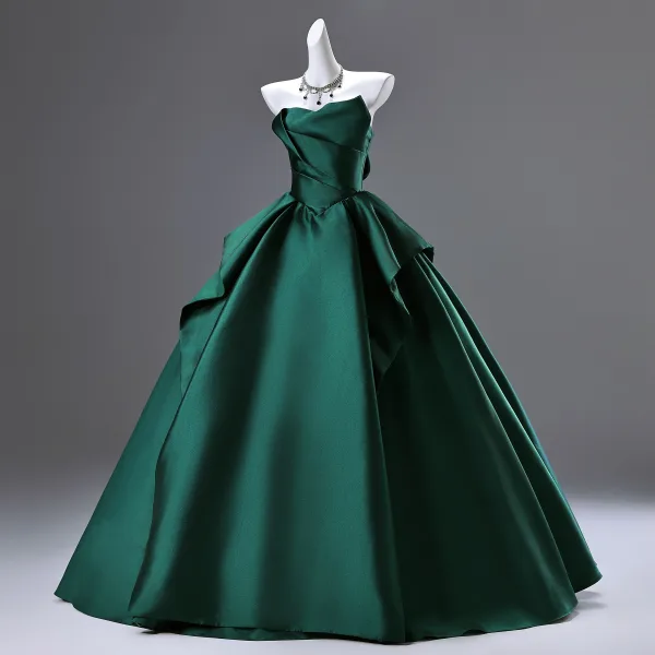 Vintage / Retro Dark Green Prom Dresses 2025 A-Line / Princess Off-The-Shoulder Sleeveless Backless Floor-Length / Long Prom Formal Dresses