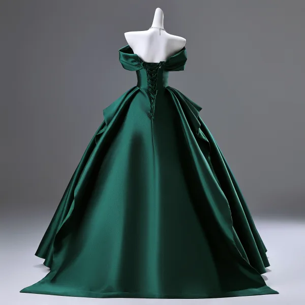 Vintage / Retro Dark Green Prom Dresses 2025 A-Line / Princess Off-The-Shoulder Sleeveless Backless Floor-Length / Long Prom Formal Dresses
