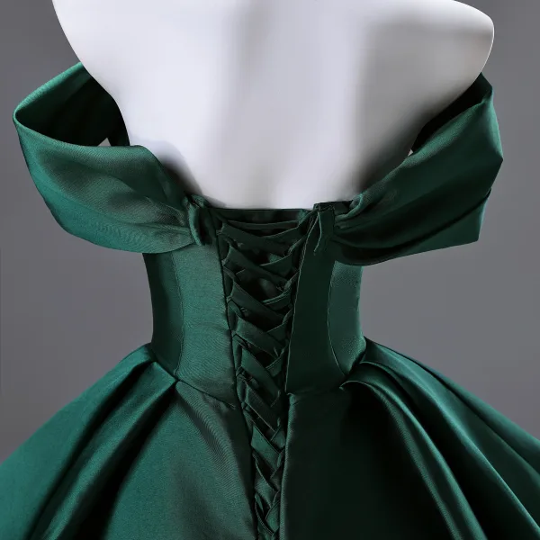 Vintage / Retro Dark Green Prom Dresses 2025 A-Line / Princess Off-The-Shoulder Sleeveless Backless Floor-Length / Long Prom Formal Dresses