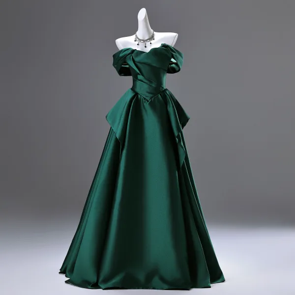 Vintage / Retro Dark Green Prom Dresses 2025 A-Line / Princess Off-The-Shoulder Sleeveless Backless Floor-Length / Long Prom Formal Dresses