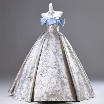 Fashion Silver Satin Printing Prom Dresses 2025 Ball Gown Off The Shoulder Short Sleeve Backless Floor Length Long Prom Formal Dresses