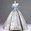 Fashion Silver Satin Printing Prom Dresses 2025 Ball Gown Off-The-Shoulder Short Sleeve Backless Floor-Length / Long Prom Formal Dresses