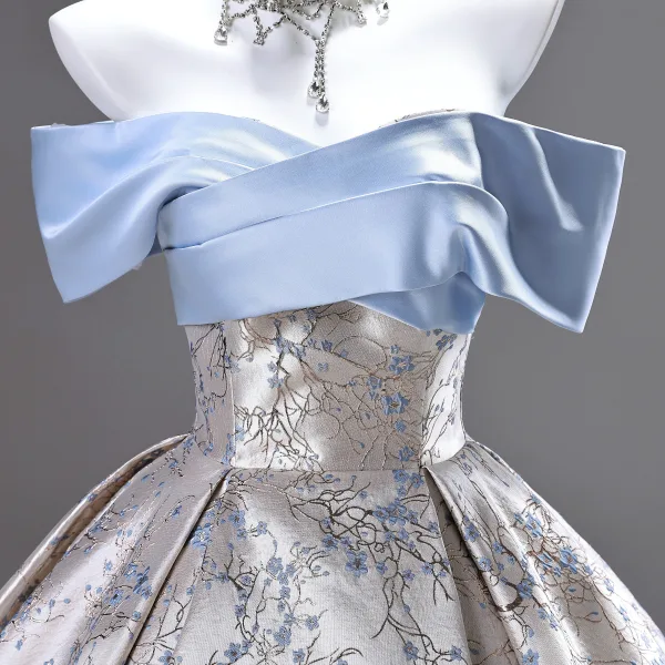 Fashion Silver Satin Printing Prom Dresses 2025 Ball Gown Off-The-Shoulder Short Sleeve Backless Floor-Length / Long Prom Formal Dresses