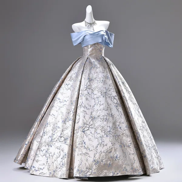 Fashion Silver Satin Printing Prom Dresses 2025 Ball Gown Off-The-Shoulder Short Sleeve Backless Floor-Length / Long Prom Formal Dresses