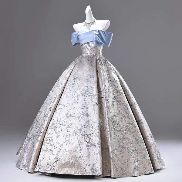 Fashion Silver Satin Printing Prom Dresses 2025 Ball Gown Off-The-Shoulder Short Sleeve Backless Floor-Length / Long Prom Formal Dresses