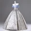 Fashion Silver Satin Printing Prom Dresses 2025 Ball Gown Off-The-Shoulder Short Sleeve Backless Floor-Length / Long Prom Formal Dresses