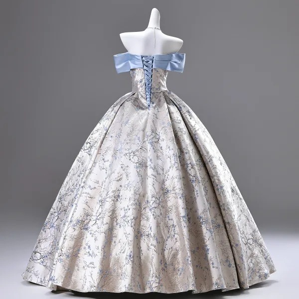 Fashion Silver Satin Printing Prom Dresses 2025 Ball Gown Off-The-Shoulder Short Sleeve Backless Floor-Length / Long Prom Formal Dresses