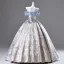 Fashion Silver Satin Printing Prom Dresses 2025 Ball Gown Off-The-Shoulder Short Sleeve Backless Floor-Length / Long Prom Formal Dresses