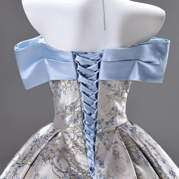 Fashion Silver Satin Printing Prom Dresses 2025 Ball Gown Off-The-Shoulder Short Sleeve Backless Floor-Length / Long Prom Formal Dresses