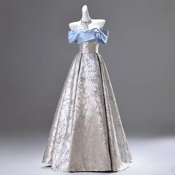 Fashion Silver Satin Printing Prom Dresses 2025 Ball Gown Off-The-Shoulder Short Sleeve Backless Floor-Length / Long Prom Formal Dresses