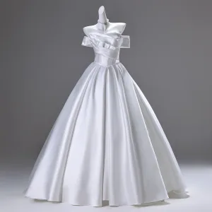 Élégant Blanche Satin Robe De Mariée 2025 Robe Boule De L Épaule Sans Manches Dos Nu Longue Mariage