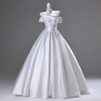 Élégant Blanche Satin Robe De Mariée 2025 Robe Boule De L Épaule Sans Manches Dos Nu Longue Mariage
