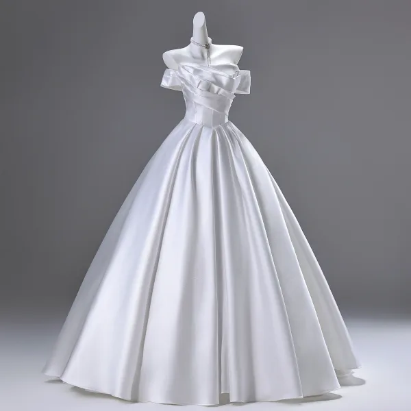 Elegante Weiß Satin Brautkleider / Hochzeitskleider 2025 Ballkleid Off Shoulder Ärmellos Rückenfreies Lange Hochzeit