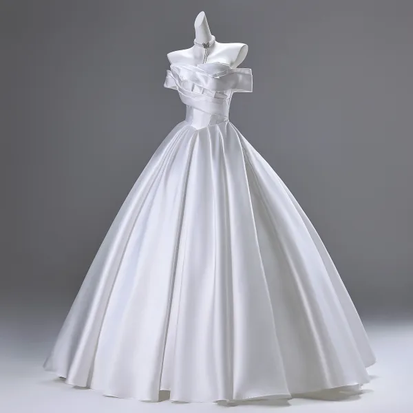 Elegante Weiß Satin Brautkleider / Hochzeitskleider 2025 Ballkleid Off Shoulder Ärmellos Rückenfreies Lange Hochzeit