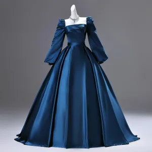 Vintage Retro Ocean Blue Satin Prom Dresses 2025 Ball Gown Square Neckline Long Sleeve Backless Floor Length Long Formal Dresses