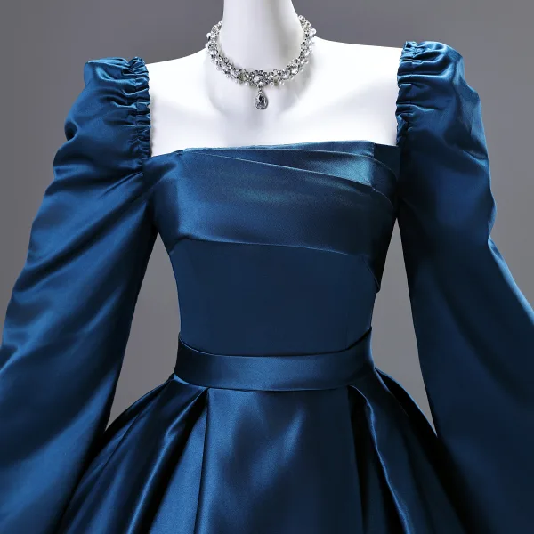 Vintage / Retro Ocean Blue Satin Prom Dresses 2025 Ball Gown Square Neckline Long Sleeve Backless Floor-Length / Long Formal Dresses