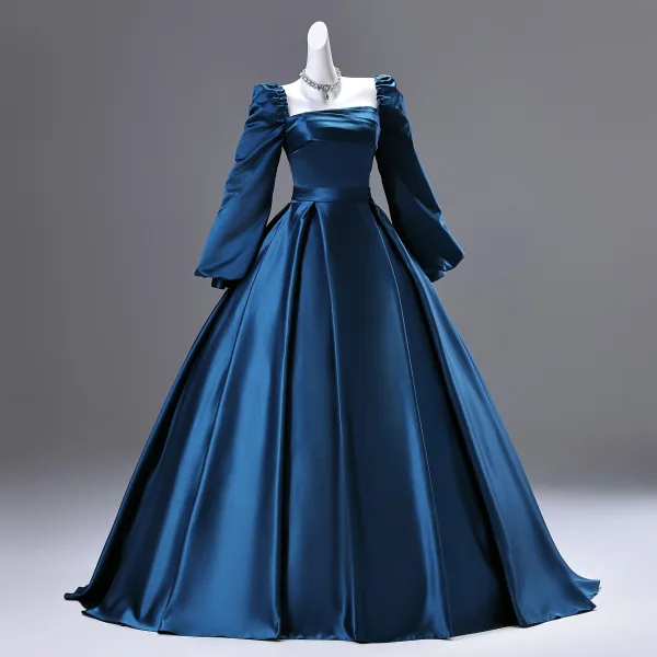 Vintage / Retro Ocean Blue Satin Prom Dresses 2025 Ball Gown Square Neckline Long Sleeve Backless Floor-Length / Long Formal Dresses