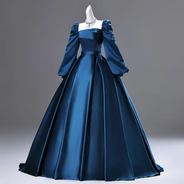Vintage / Retro Ocean Blue Satin Prom Dresses 2025 Ball Gown Square Neckline Long Sleeve Backless Floor-Length / Long Formal Dresses