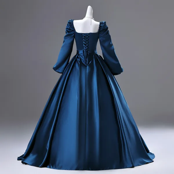 Vintage / Retro Ocean Blue Satin Prom Dresses 2025 Ball Gown Square Neckline Long Sleeve Backless Floor-Length / Long Formal Dresses