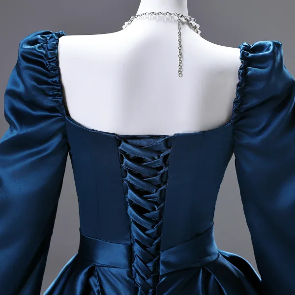 Vintage / Retro Ocean Blue Satin Prom Dresses 2025 Ball Gown Square Neckline Long Sleeve Backless Floor-Length / Long Formal Dresses