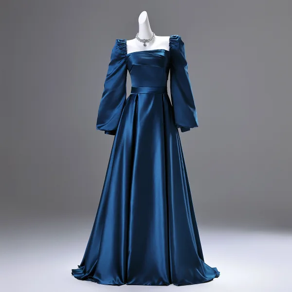 Vintage / Retro Ocean Blue Satin Prom Dresses 2025 Ball Gown Square Neckline Long Sleeve Backless Floor-Length / Long Formal Dresses