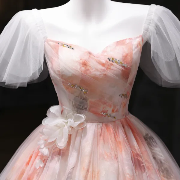 Schöne Rosa Applikationen Pailletten Ballkleider 2025 Ballkleid Eckiger Ausschnitt Kurze Ärmel Rückenfreies Lange Festliche Kleider