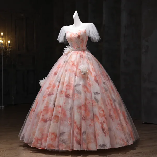 Schöne Rosa Applikationen Pailletten Ballkleider 2025 Ballkleid Eckiger Ausschnitt Kurze Ärmel Rückenfreies Lange Festliche Kleider