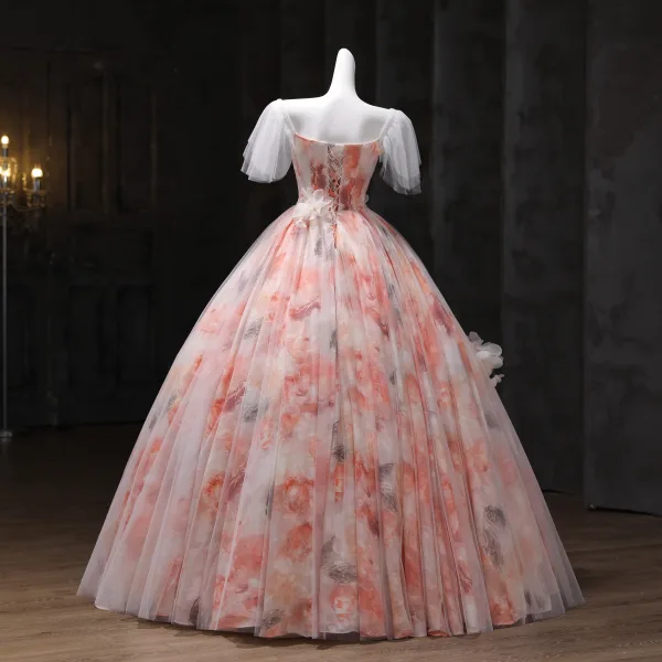 Schöne Rosa Applikationen Pailletten Ballkleider 2025 Ballkleid Eckiger Ausschnitt Kurze Ärmel Rückenfreies Lange Festliche Kleider