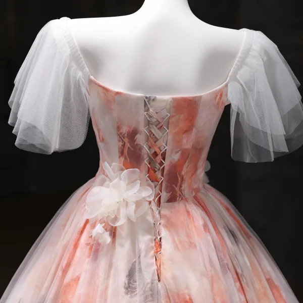Schöne Rosa Applikationen Pailletten Ballkleider 2025 Ballkleid Eckiger Ausschnitt Kurze Ärmel Rückenfreies Lange Festliche Kleider