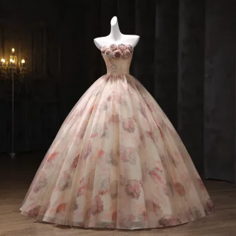 Chic Belle Champagne Appliques Robe De Bal 2025 Robe Boule Bustier Sans Manches Dos Nu Longue Robe De Ceremonie